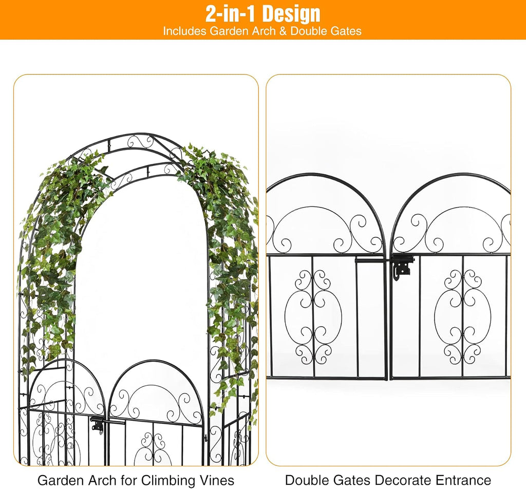84in High Metal Garden Arbor with Gate, Heavy Duty Wide Garden Arch, Metal Arch Trellis with Gate for Climbing Plant, Wedding, Outdoor Patio Decor, Black(84'x52.4'x19')