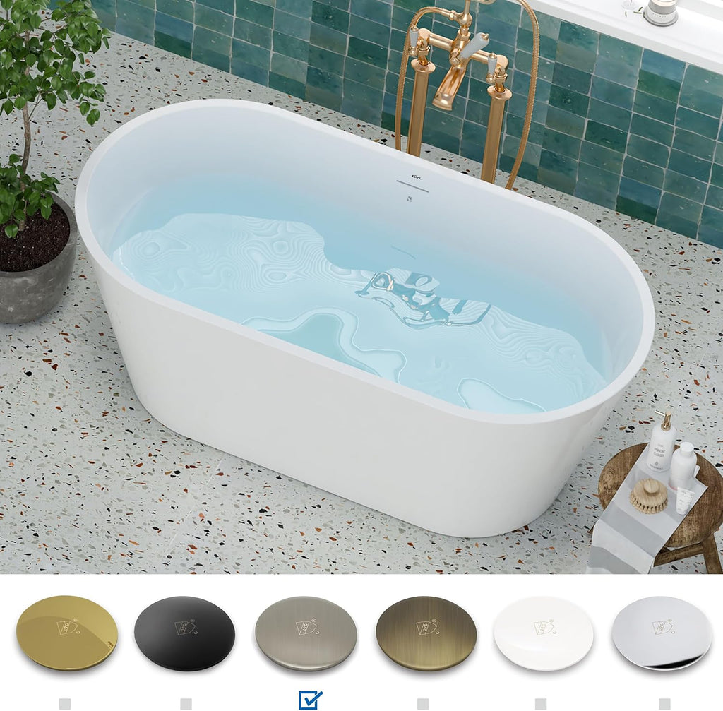 FerdY 59' Shangri-La Elite, Acrylic Freestanding Bathtub, Modern & Contemporary Design Soaking Tub with Brushed Nickel Pop-Up Drain & Bath Pillow for Bathtub,Thick Tub Pillows, Breathable 4D Air Mesh
