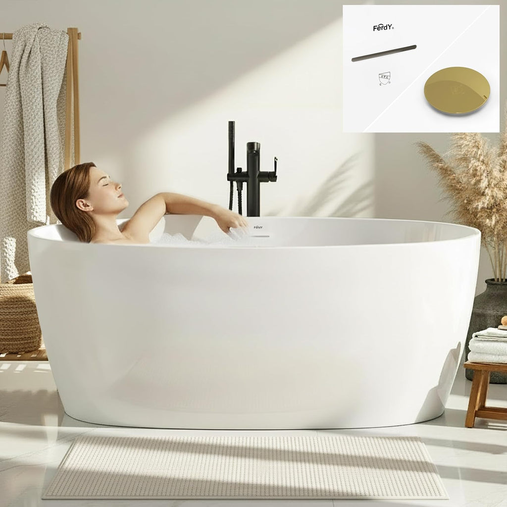 FerdY 59' Acrylic Freestanding Bathtub, Contemporary Soaking tub with Polished Gold Drain & Overflow, cUPC Certified, Elegant Oval Shape, Tahiti
