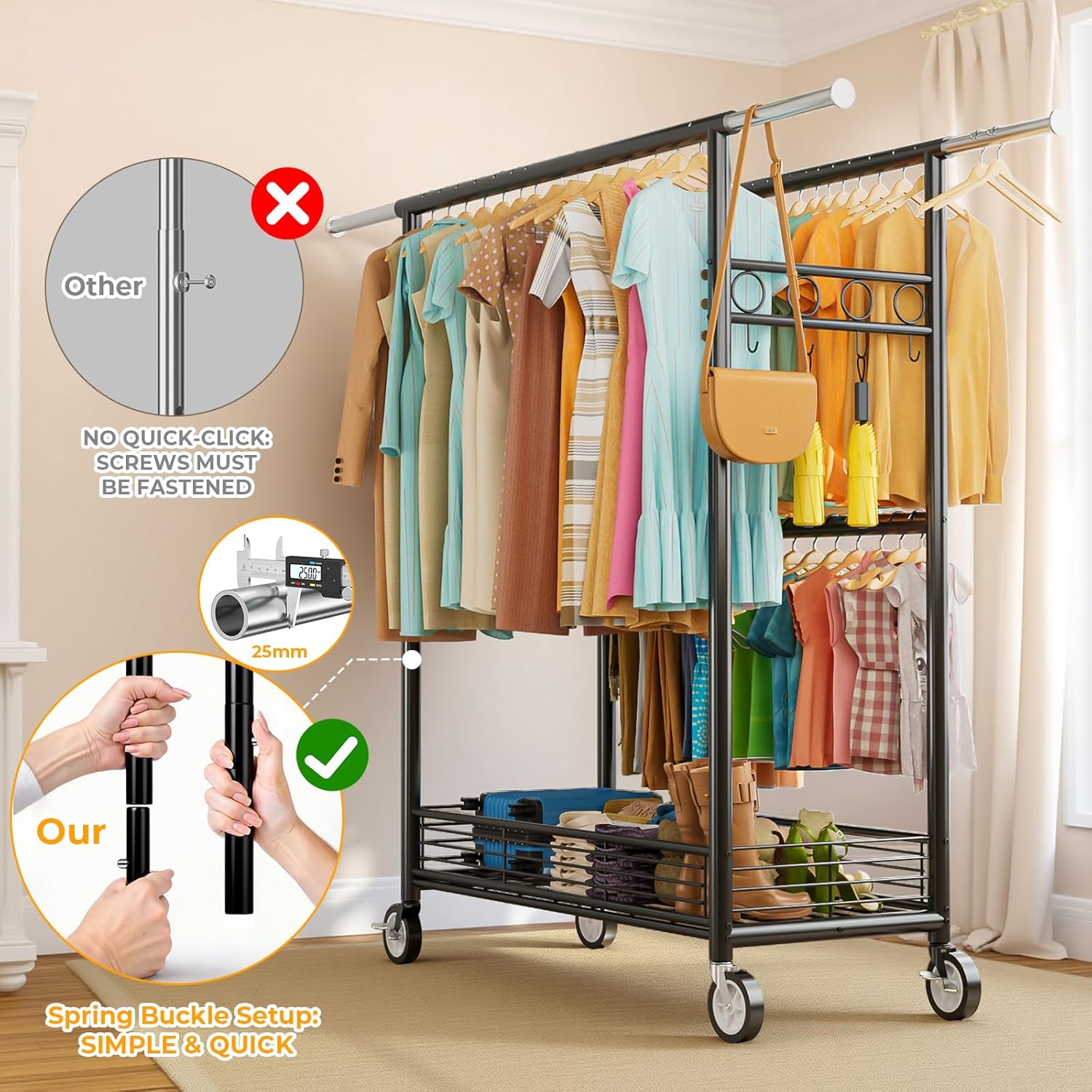 Heavy Duty Clothes Rack Load 960LBS, Three Rods Rolling Clothing Racks for Hanging Clothes, Rolling Garment Rack With Sturdy Wheels Shelves Hooks, Portable & Adjustable Commercial Garment Rack, Black