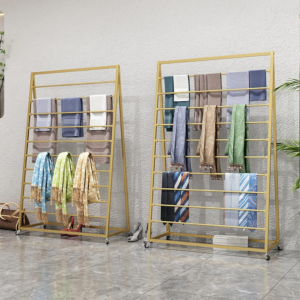 Rolling Scarf Rack Display Stand on Wheels, Floor Standing Metal Scarf Multi-Purpose Holder Organizer for Shawl/Belts/Ties/Pants/Cloths, Large Capacity (Gold)
