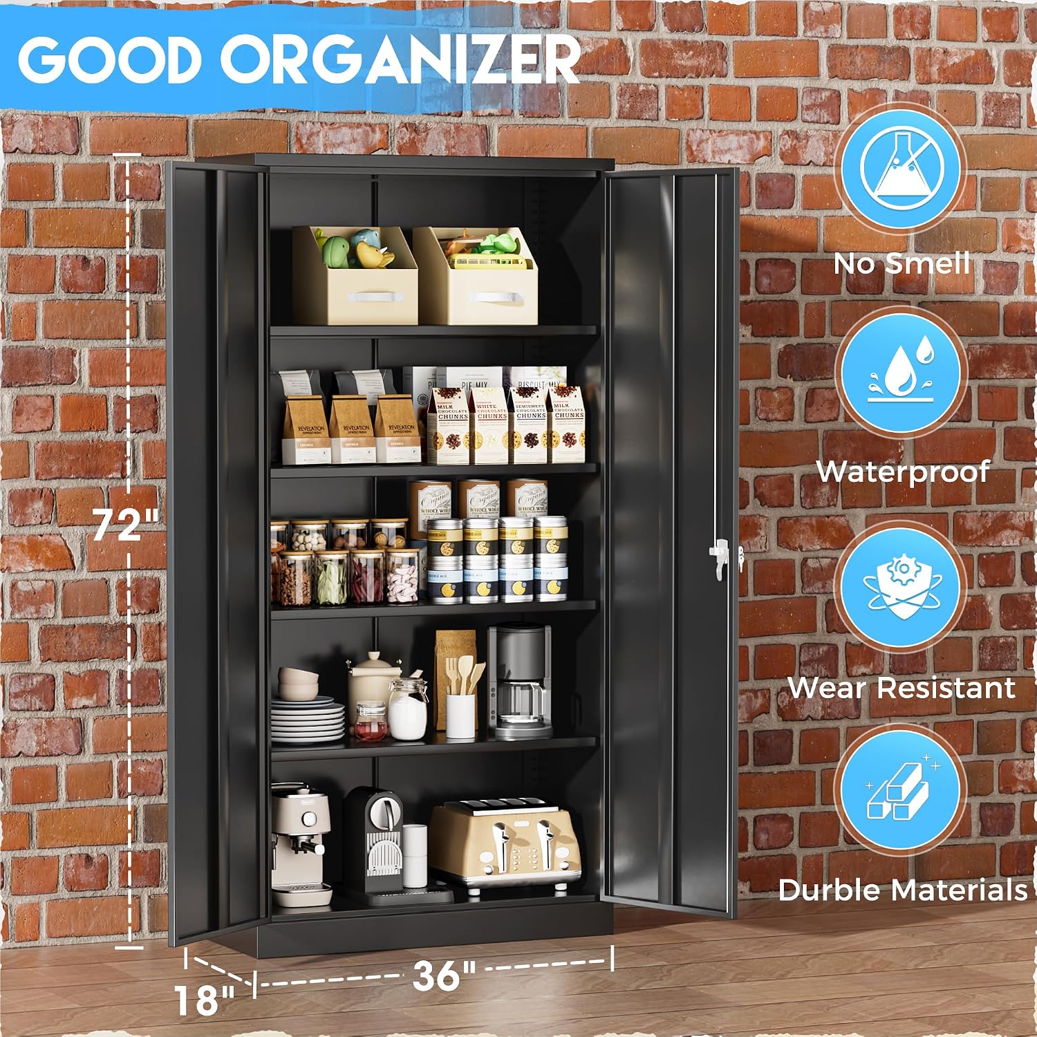 Greenvelly Metal Storage Cabinets 72' Black Garage Steel Storage Cabinet with Doors and Shelves, Metal Tool Cabinet, Steel File Cabinet for Home Office, Basement, Warehouse, Classroom（Anti Tipping）