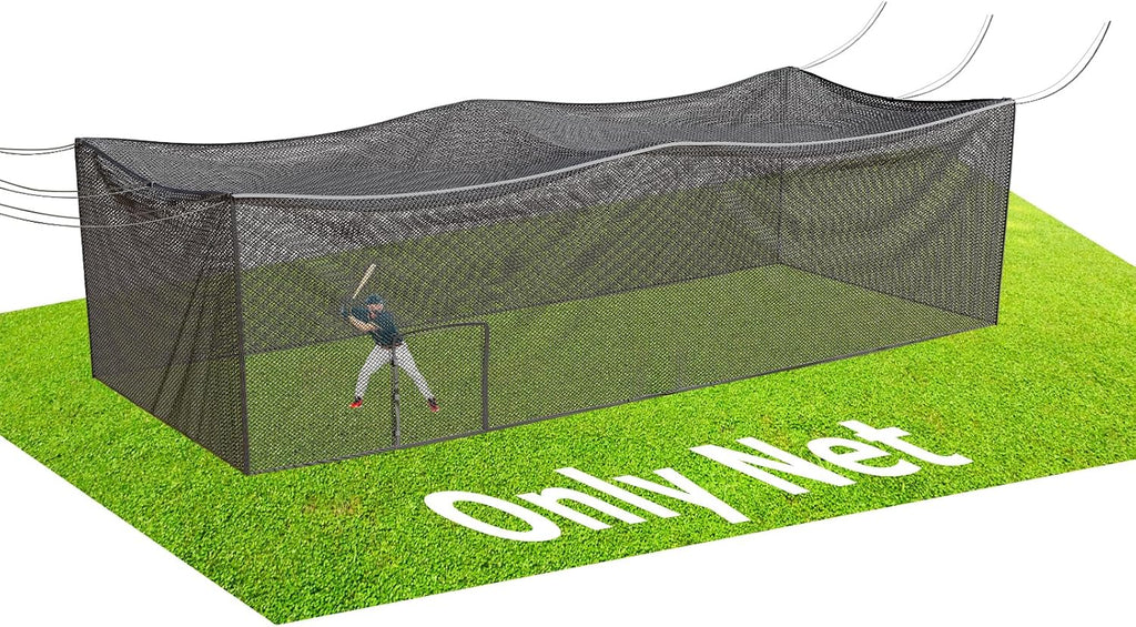Batting Cage Net, UV-Stabilized HDPE, Black, 1-3/4' Square Mesh, Square-Hung, 1/4' Border Rope, Side Door – Baseball & Softball Netting – Sizes: 8x8x20ft,10x10x35ft,12x12x55ft, 12x14x70ft