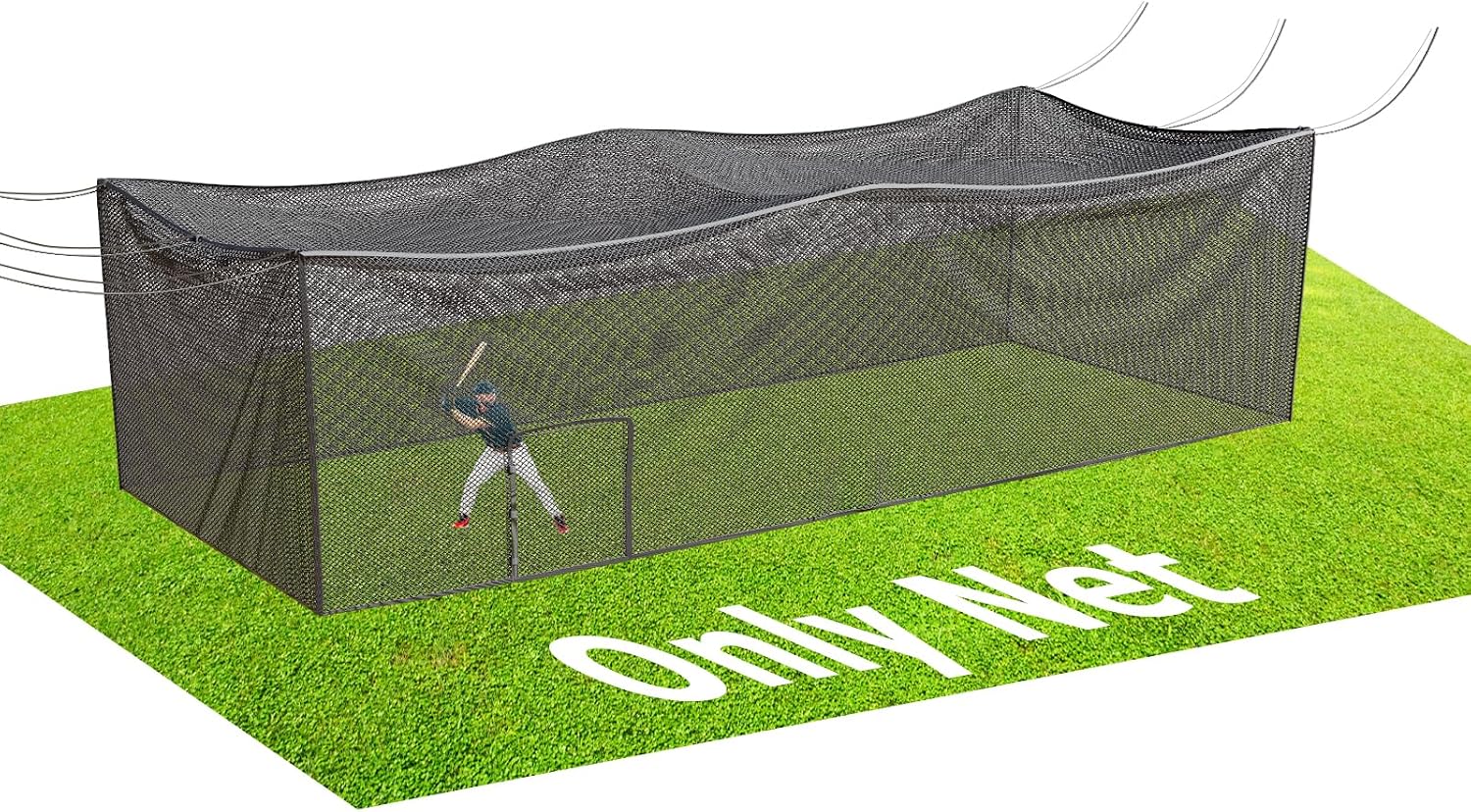 Batting Cage Net, UV-Stabilized HDPE, Black, 1-3/4' Square Mesh, Square-Hung, 1/4' Border Rope, Side Door – Baseball & Softball Netting – Sizes: 8x8x20ft,10x10x35ft,12x12x55ft, 12x14x70ft