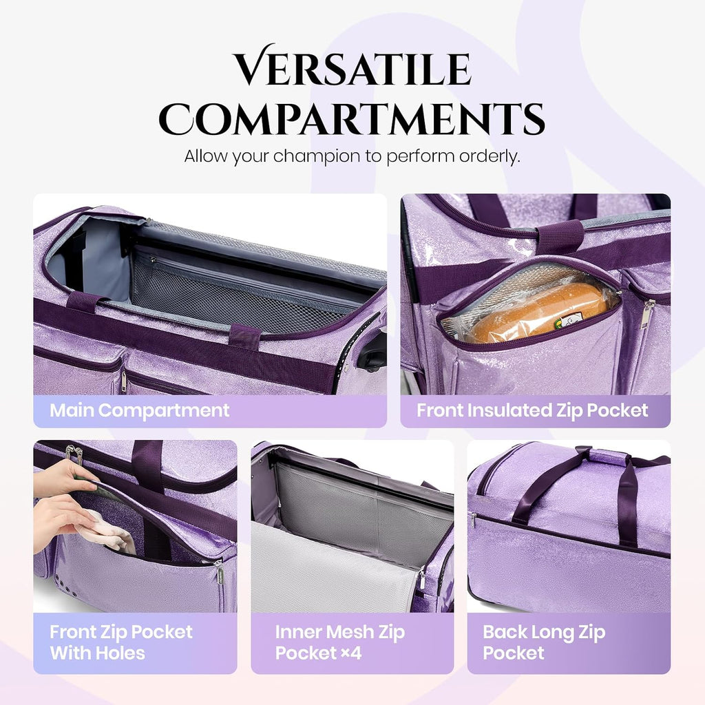 Fanwoli 23' Dance Bag with Garment Rack | Glittering Waterproof Fabric | Shine-Bright Collection | Ideal Competition Rolling Duffle Bag for Dancer Cheerleader Little Princess | Sparkle Purple