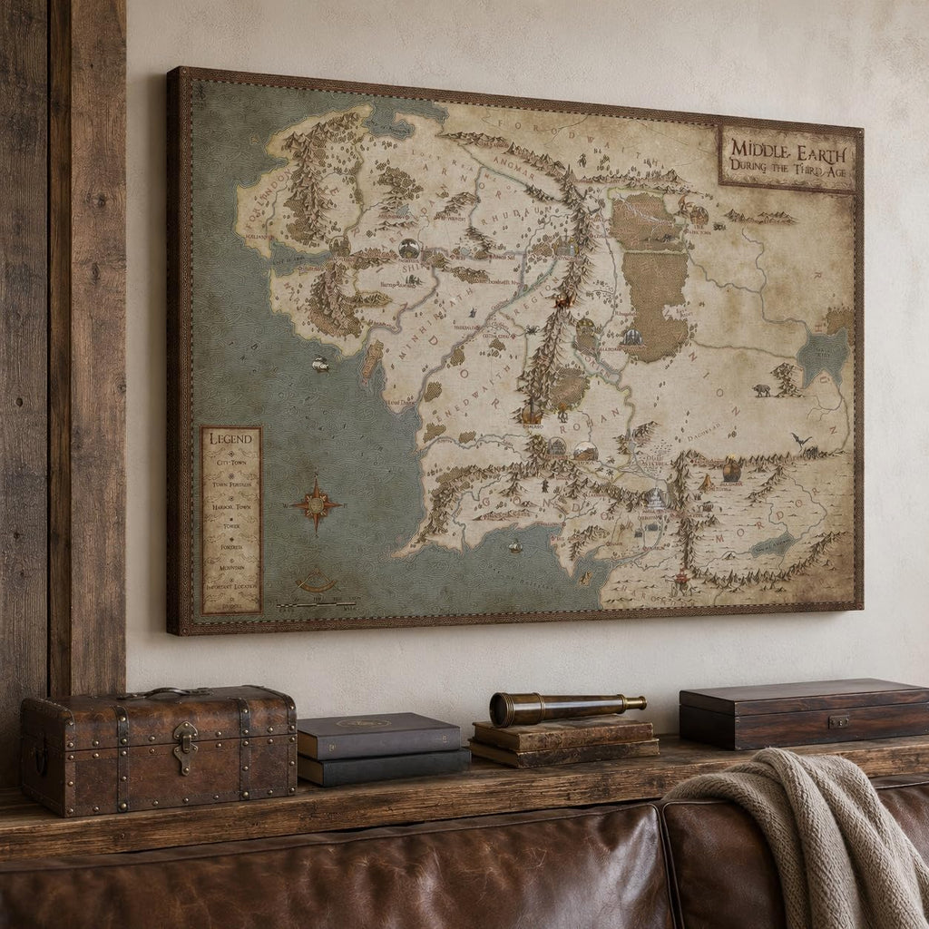 Middle Earth Map Canvas Wall Art Movie Map HD Print - Retro Middle EarthMap Canvas Painting for Home Wall Decor, Vintage Movie WorldMap Poster Framed Artwork for Home Office Decor (32'Hx48'W)