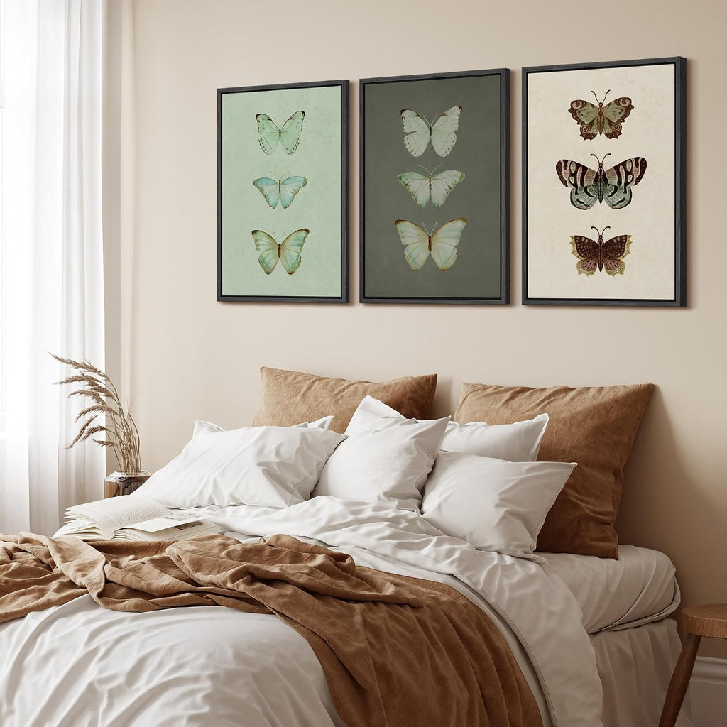 wall26 Framed Canvas Print Wall Art Set Vintage Butterfly Collection Botanical Illustrations Modern Art Decorative Floral Botanical Minimal for Bedroom - 24'x36'x3 Black