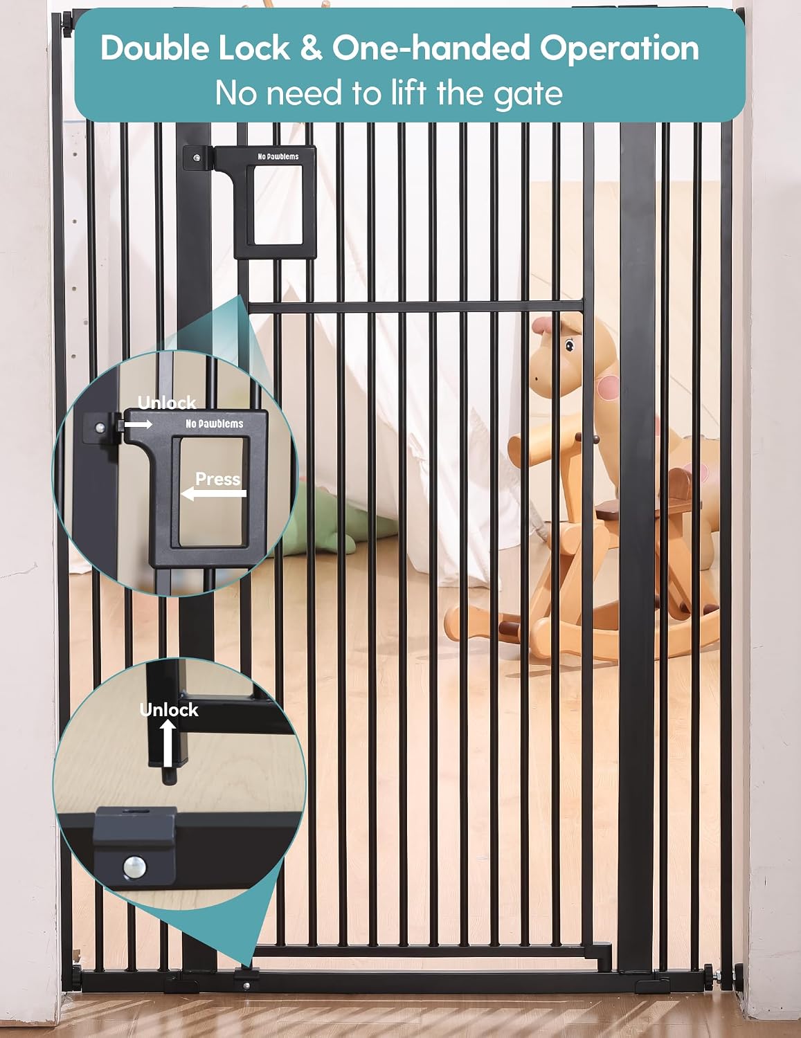 No Pawblems Upgraded 55' Extra Tall Pet Gate for Cat, 29-43' Auto Close Cat Gate for Doorways/Stairs/Hallways, NO Drilling Pressure Mounted Tall Dog Gate Indoor, 1.37' Pet-Safe Gap, Black
