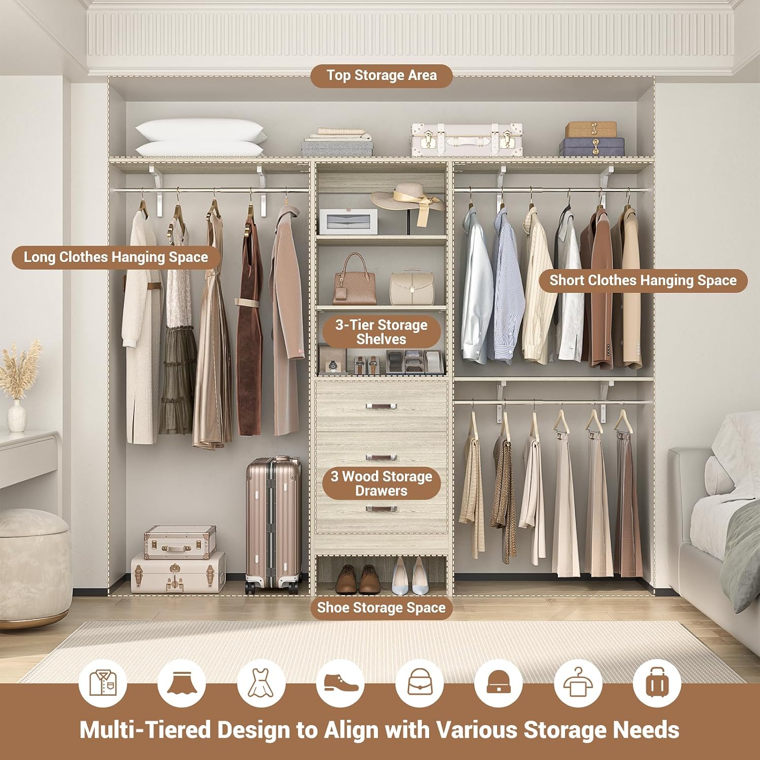 Closet System with 3 Drawers - 8FT Wood Closet Organizer with 3 Shelving Tower & Hanging Rods, 96' Walk-in Wardrobe Closet Organizer System for 4-8FT Spaces, Heavy Duty Garment Clothes Rack, White Oak