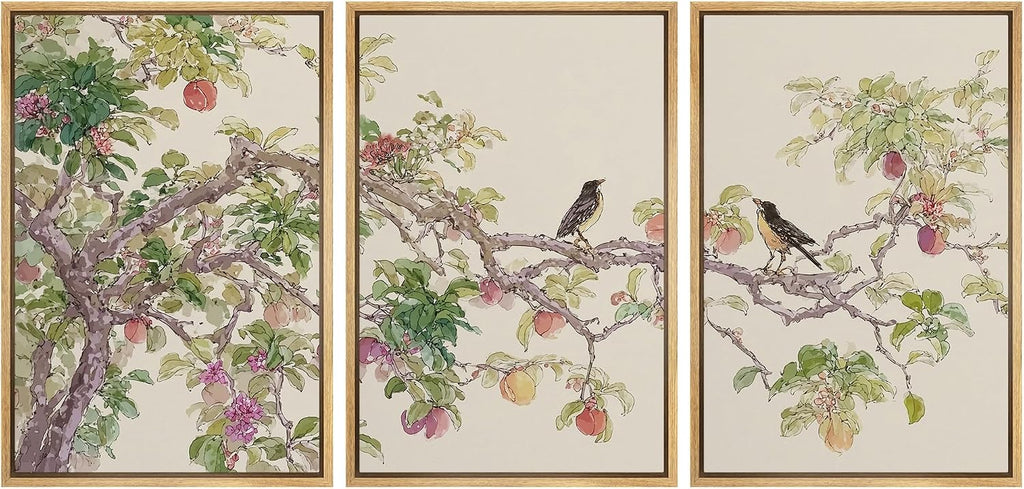 wall26 Framed Print Wall Art Set Watercolor Fruit Tree Branch with Birds Botanical Decorative Minimal Relax/Zen for Living Room, Bedroom, Office - 16'x24'x3 NATURAL