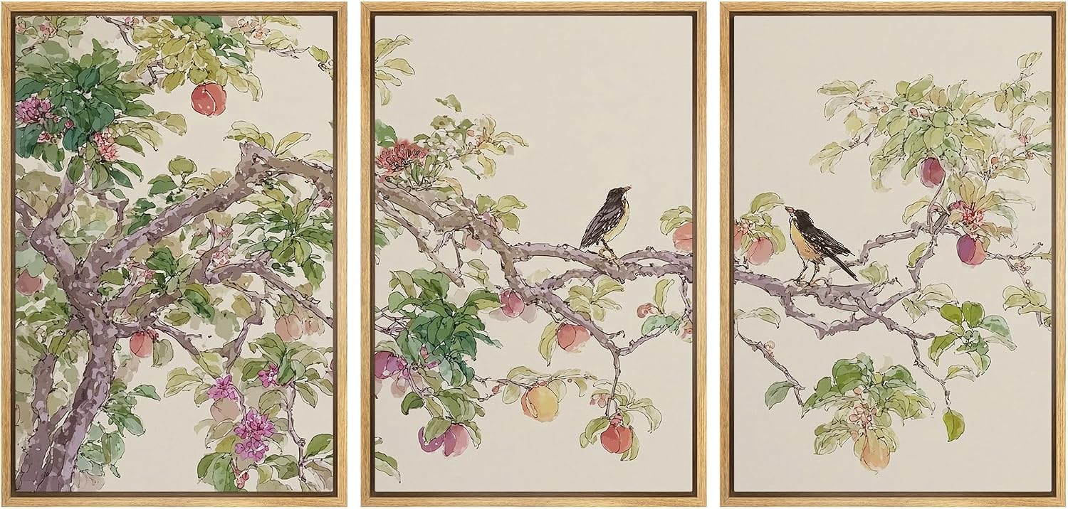 wall26 Framed Print Wall Art Set Watercolor Fruit Tree Branch with Birds Botanical Decorative Minimal Relax/Zen for Living Room, Bedroom, Office - 16'x24'x3 NATURAL
