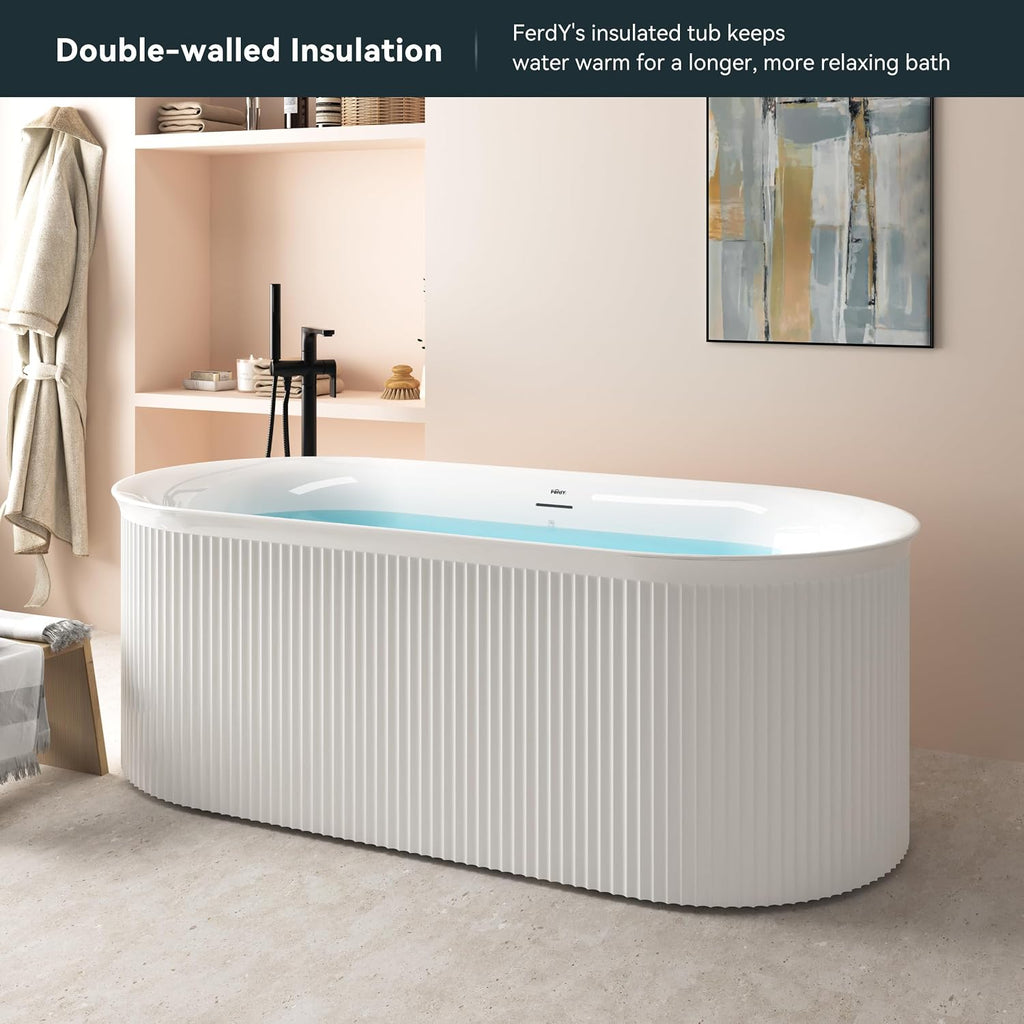 FerdY Nami 67' Acrylic Freestanding Bathtub, V Shape Freestanding Soaking Acrylic Bathtub, Modern White, Brushed Nickel& Bath Pillow for Bathtub,Thick Tub Pillows, Breathable 4D Air Mesh