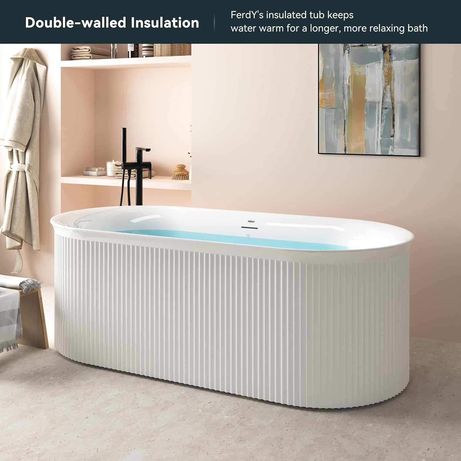 FerdY Nami 67' Acrylic Freestanding Bathtub, V Shape Freestanding Soaking Acrylic Bathtub, Modern White, Brushed Nickel& Bath Pillow for Bathtub,Thick Tub Pillows, Breathable 4D Air Mesh