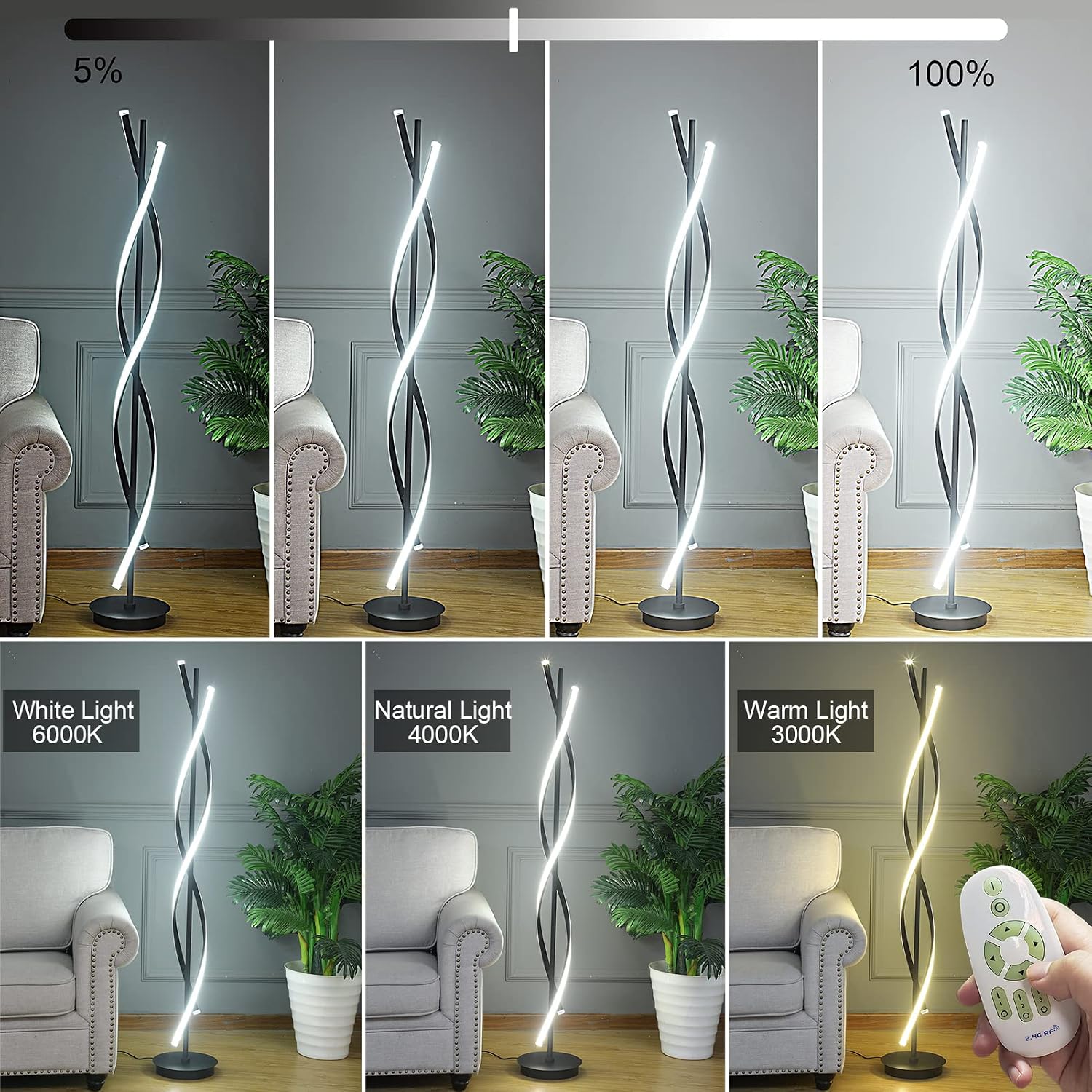61inch Height; 60W DNA Spiral LED Floor Lights;Art Interior Decoration Home Nordic Floor Lamp Standing Lamp for Living Room Lighting ; 3Color Remote Control Dimming(Black)