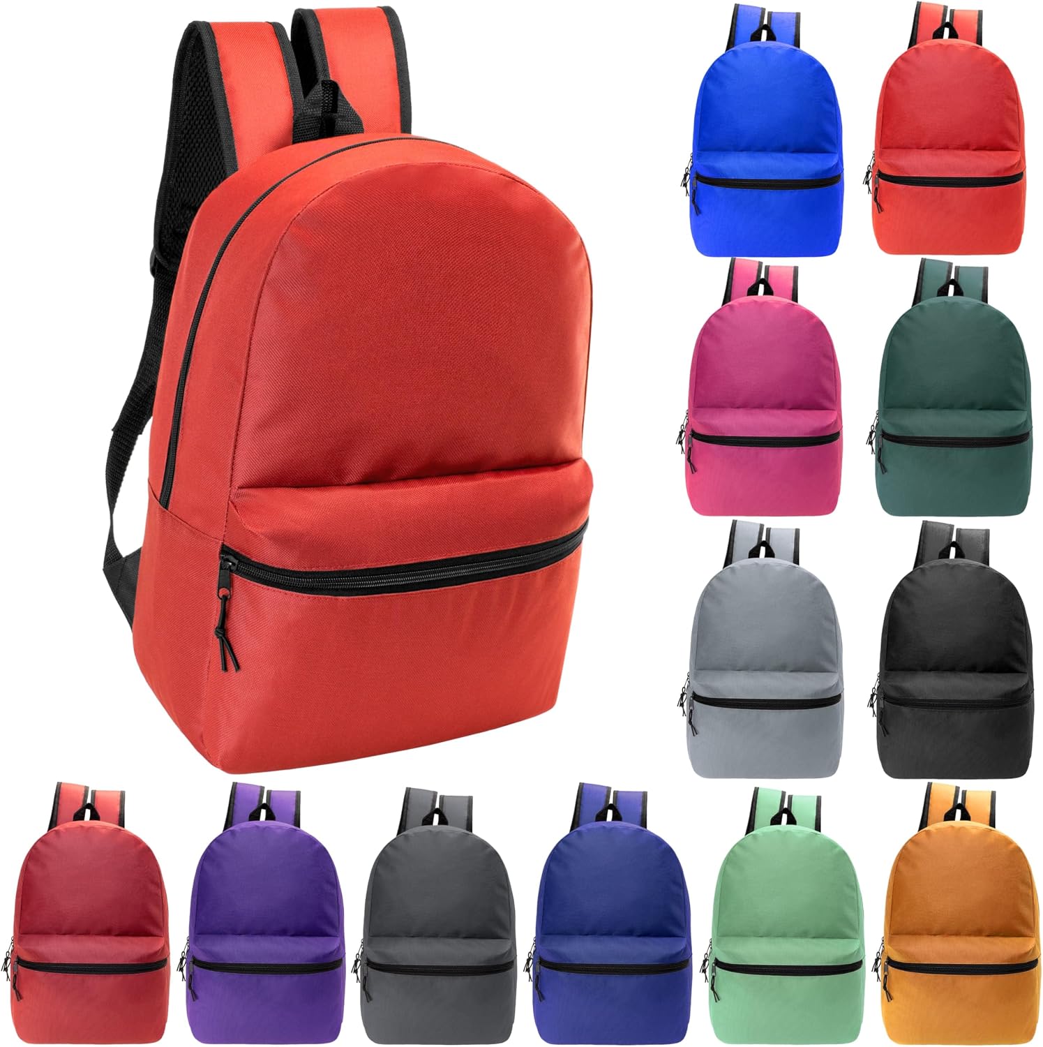 24 Pack 19' Basic Wholesale Backpacks, 12 Assorted Colors - Bookbags in Bulk for Elementary, Middle, and High School Students