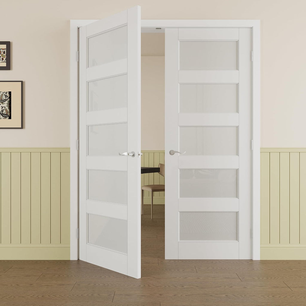 Prehung French Door 64' x 80' (2x32 in), Tempered Frosted Glass Door Slabs with Jamb, Silver Hinges, 4 Levers & Latch, Solid Core Interior Door, Pre-Finished & Paintable, MDF Double Doors Interior