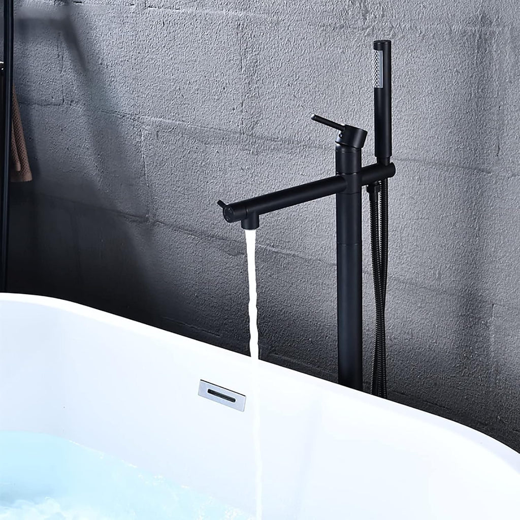 Freestanding Bathtub Faucet with Handheld Shower - Floor Mounted Tub Tap, 59-Inch Shower Hose, Stylish White Gold Finish