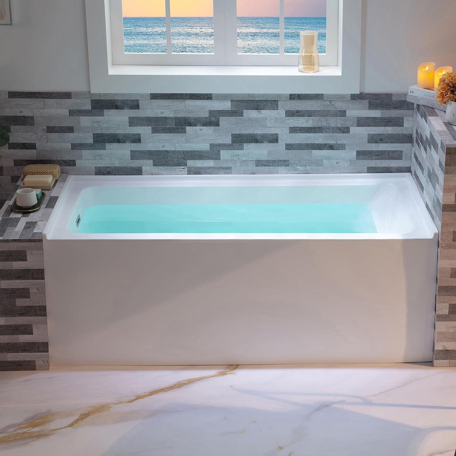 WOODBRIDGE 60' Acrylic Rectangular Alcove Soaking Bathtub in White with Left Drain, Brushed Nickel pop-up Drain Included, LB429-L