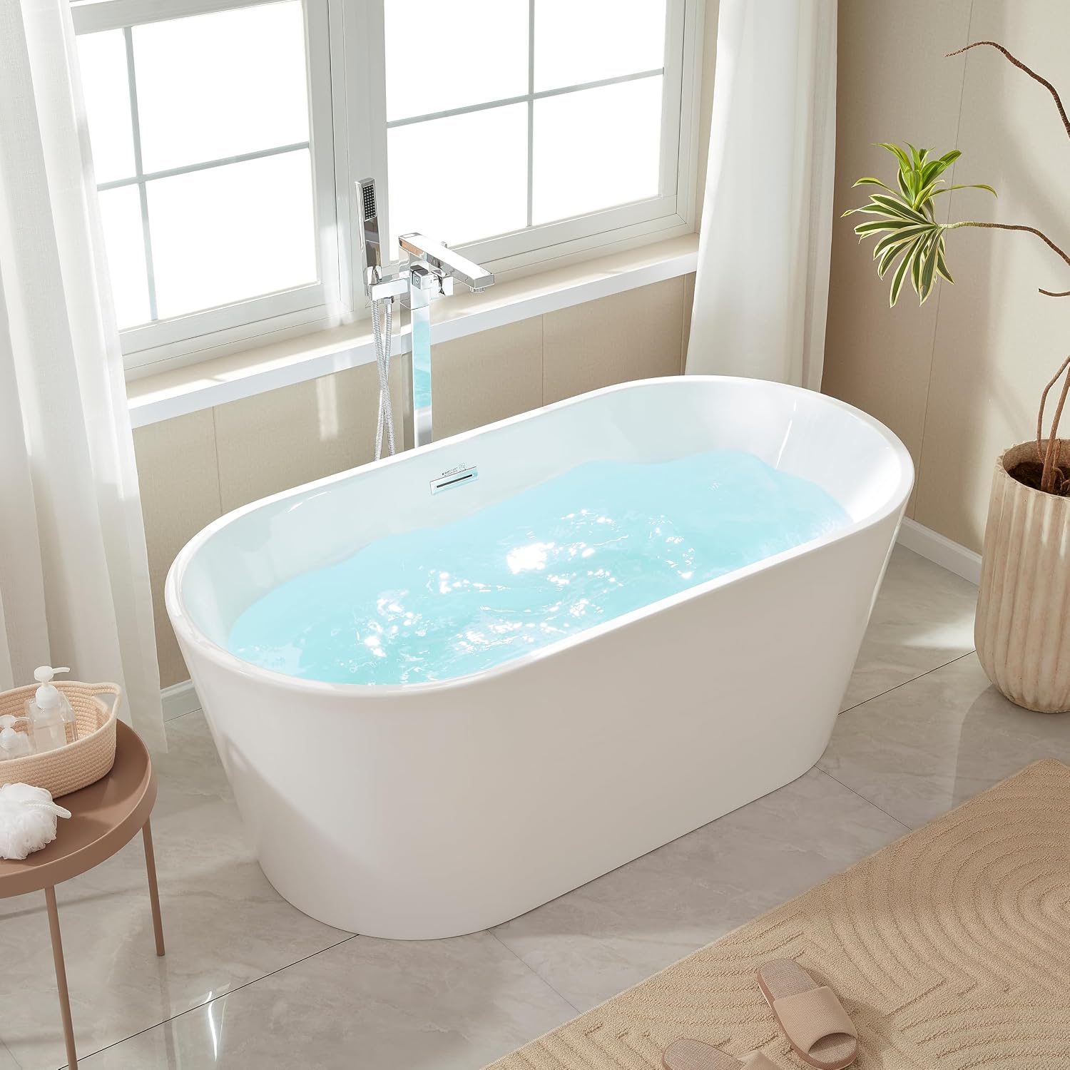 Vanity Art 59' Free Standing Tub Non-Slip Contemporary Design Freestanding Bathtub Soaking Tub with Overflow and Pop-up Drain, UPC Certified