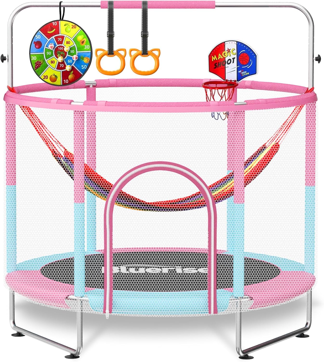 BLUERISE 60' Trampoline for Kids 5FT Toddler Trampolines Indoor/Outdoor with Adjustable Gymnastics Bar & Safety Net, No-Gap Design, Anti-Rollover Bottom, Basketball Hoop, Gifts for Boys & Girls