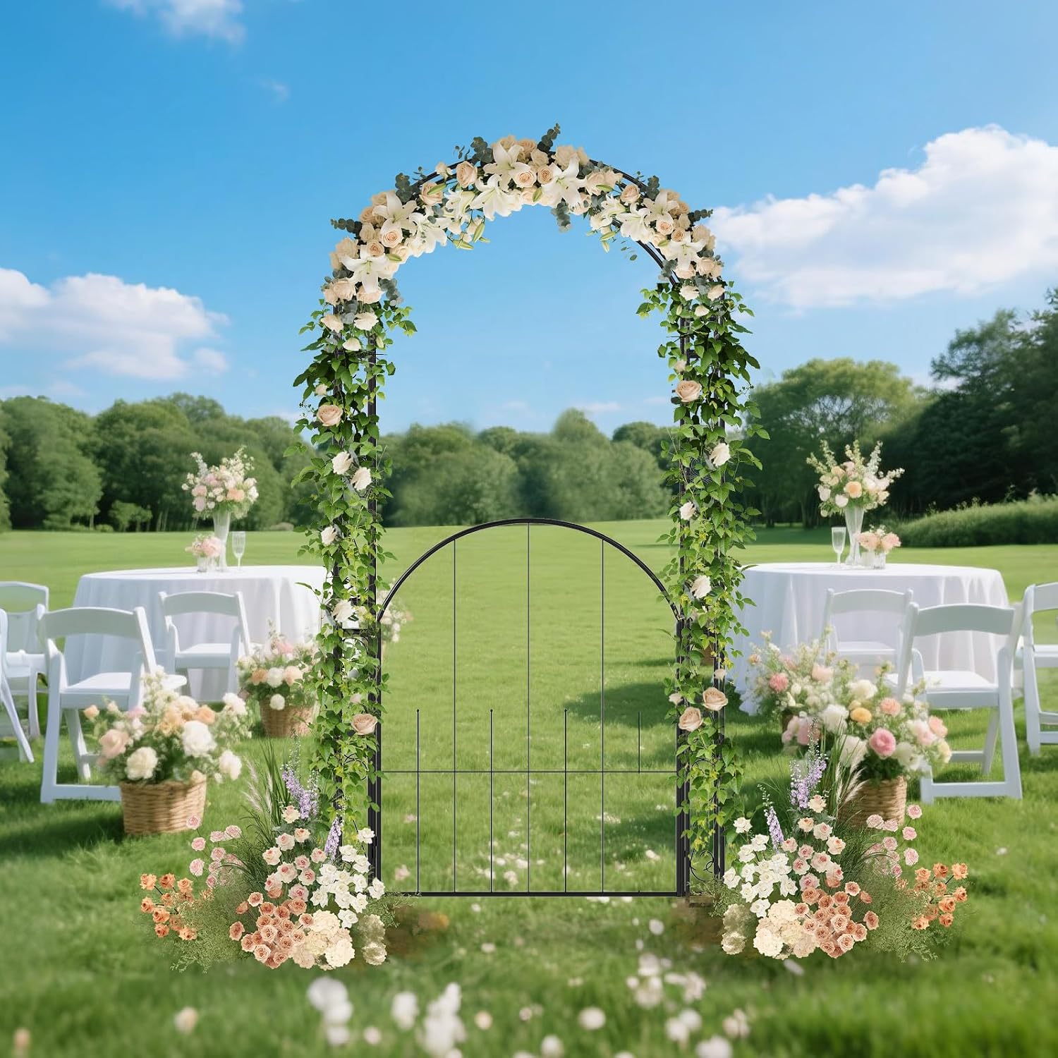 HAPPYGRILL 84' Garden Arbor with Gate & Climbing Trellises, Metal Garden Arch Archway for Outdoor Climbing Plant Rose Vine, Wedding Arch for Ceremony, Backyard Lawn Party Decor Patio Entrance