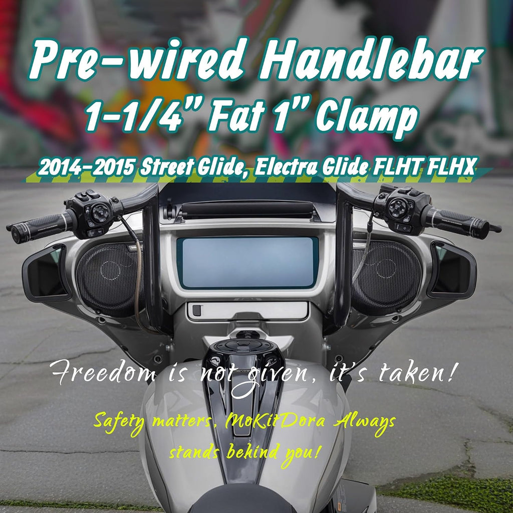 MoKitDora Street Electra Glide Prewired Handlebar 10' Rise 1.25' Fat 1' Clamp Meathook Ape Hanger Monkey Bagger Bar for Harley 2014-2015 FLHT FLHX Ultra Limited Classic, Black