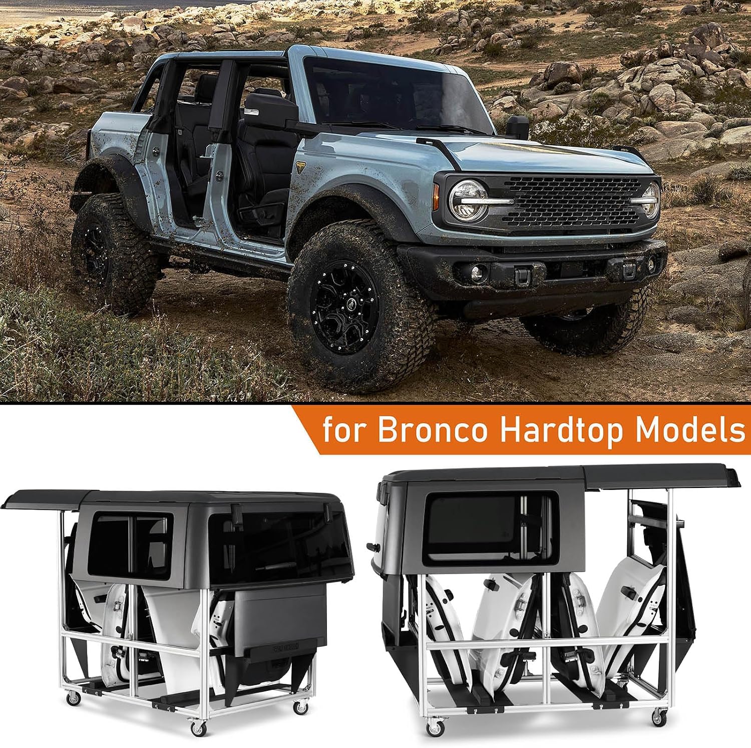 Hooke Road Doors and Hardtop Holder Movable Cart Storage Rack for 1997-2026 Jeep Wrangler TJ JK JL Gladiator JT & 2021-2026 Ford Bronco (2/4 Doors Hardtop Only)