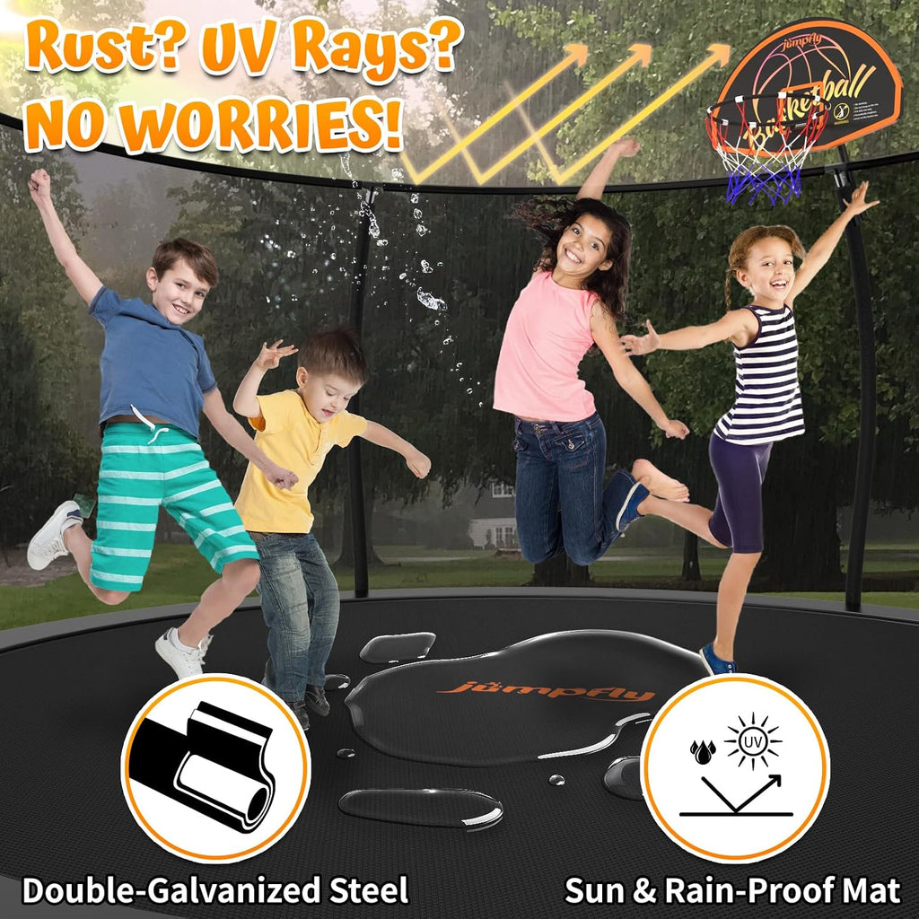 jumpfly Tranpoline 8/10/12/14/15/16FT Tranpoline Outdoor for Kids and Adults Recreational Tranpolines with Basketball Hoop, Anti-Rust Ladder, ASTM Approved