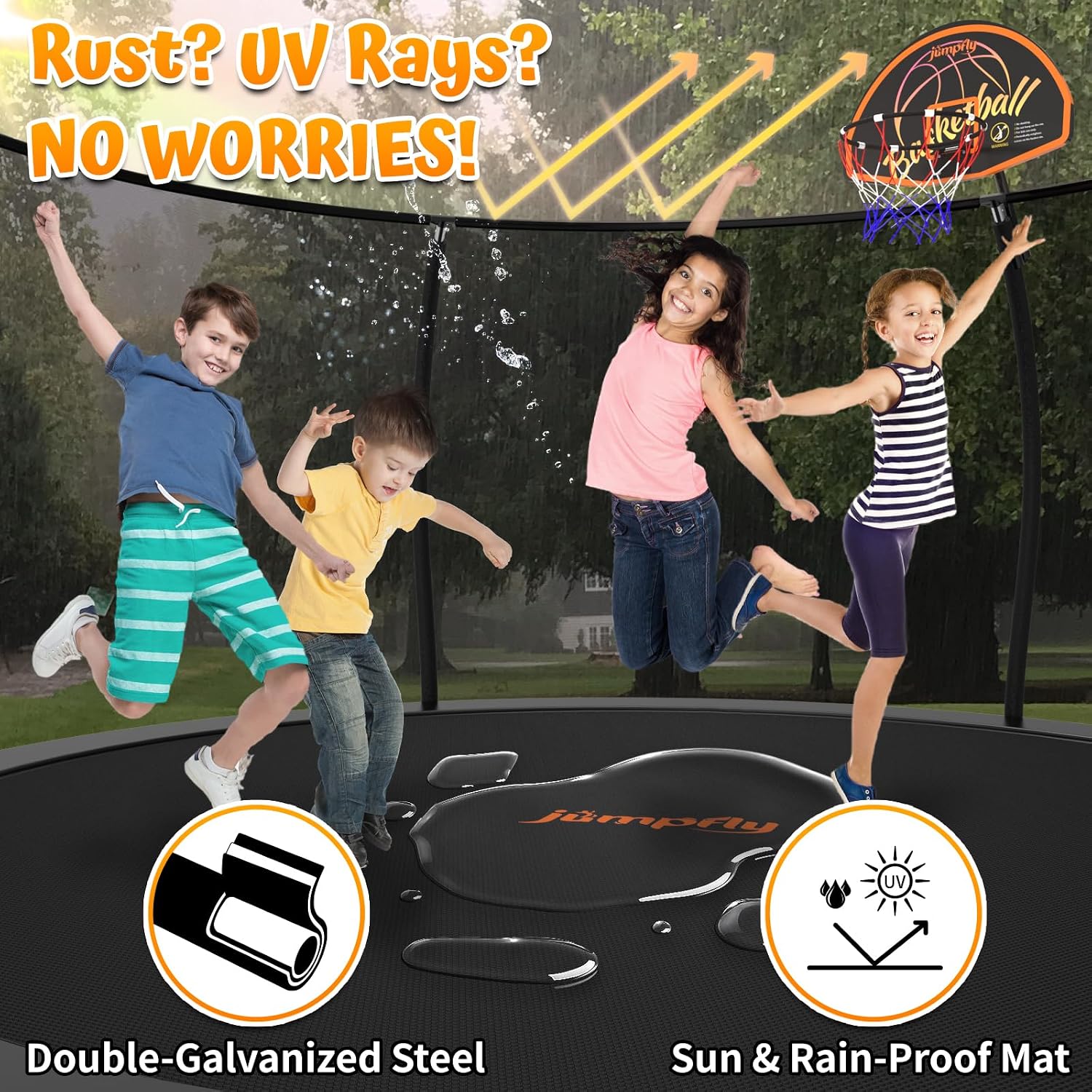 jumpfly Tranpoline 8/10/12/14/15/16FT Tranpoline Outdoor for Kids and Adults Recreational Tranpolines with Basketball Hoop, Anti-Rust Ladder, ASTM Approved