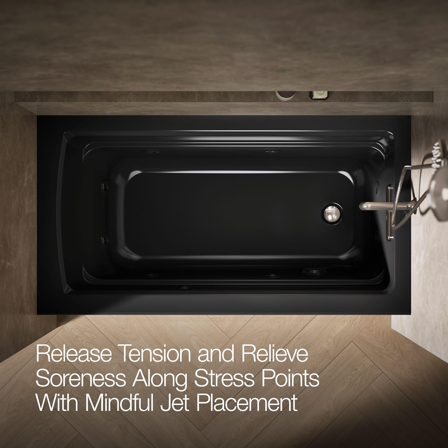 Kohler K-1122-RA-7 Archer 5Ft Whirlpool with Comfort Depth Design, Integral Apron and Right-Hand Drain, Less Heat, Black Black