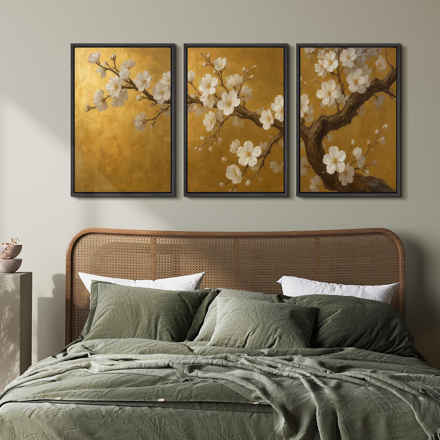 wall26 Framed Canvas Print Wall Art Set Golden Cherry Blossom Tree Elegant Floral Illustrations Fine Art Decorative Rustic for Living Room, Bedroom, Office - 16'x24'x3 Black