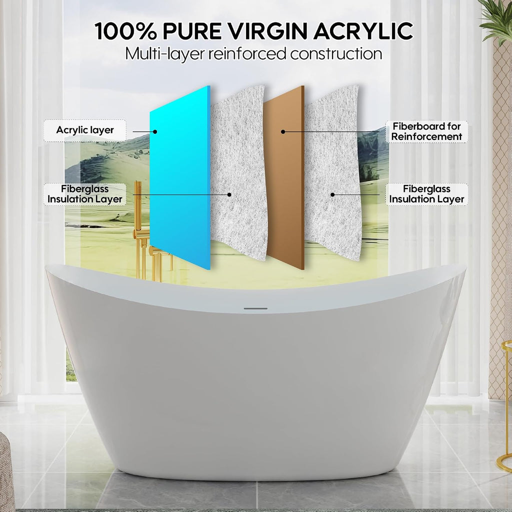 WELLFOR 60' Freestanding Acrylic Bathtub with Drain and Integrated Slotted Overflow, Soaking Bath Tub with Predrilled Overflow Holes, Soaking Bath Tub 56 Gallons Capacity, Glossy White