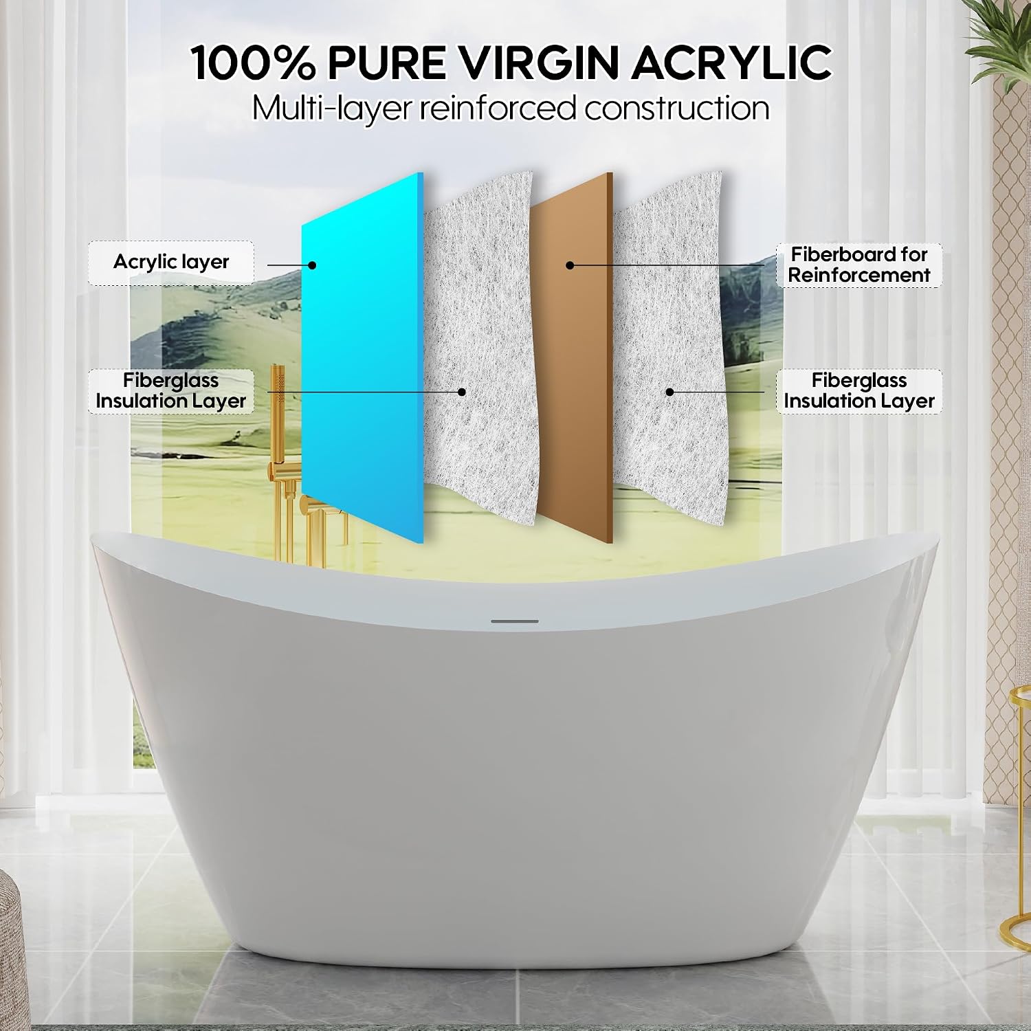 WELLFOR 60' Freestanding Acrylic Bathtub with Drain and Integrated Slotted Overflow, Soaking Bath Tub with Predrilled Overflow Holes, Soaking Bath Tub 56 Gallons Capacity, Glossy White