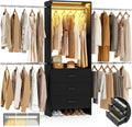 Aheaplus Closet System with Motion-Sensing Light, 3 Wooden Drawers and 4 Hanging Rods, Customizable Walk-in Closet Organizer with 3CCT LED, Heavy Duty Garment Rack for Bedroom,Black