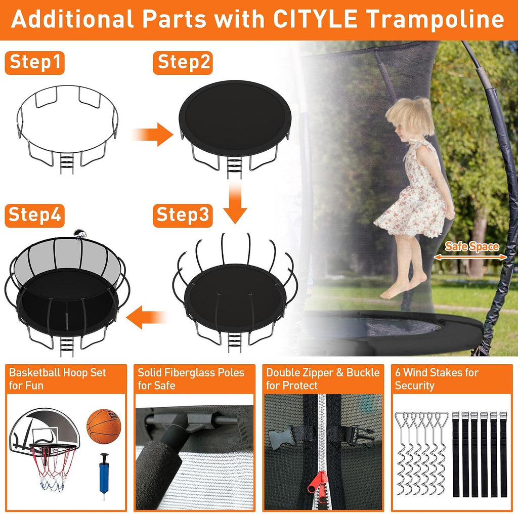 Tranpoline Outdoor with Light, 1500LBS 8/10/12/14/15/16 FT Tranpoline for Kids and Adults Tranpoline with Enclosure Net, Basketball Hoop, Heavy Duty Recreational Yard Tranpolines