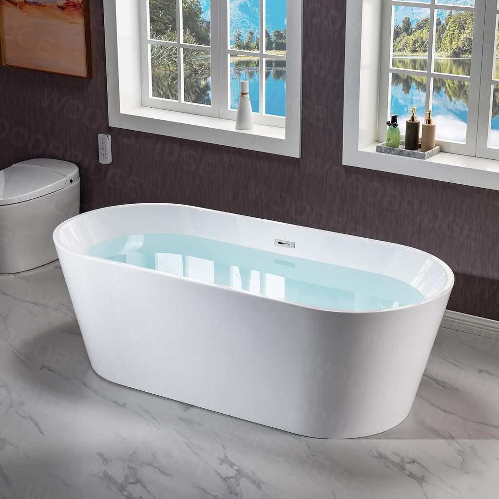 WOODBRIDGE 71' Acrylic Freestanding Bathtub Contemporary Soaking White Tub with Chrome Overflow and Drain,B1701-C