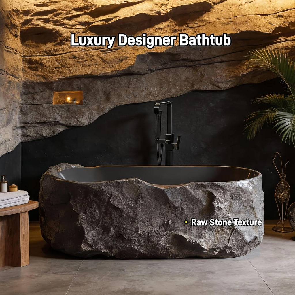 67' Edeyeu Freestanding Bathtub - Solid Surface Soaking Tub, Designer Free Standing Tub with Unique Stone Texture, Deep Soaker Bathtub for Luxury Spa & Home, Black