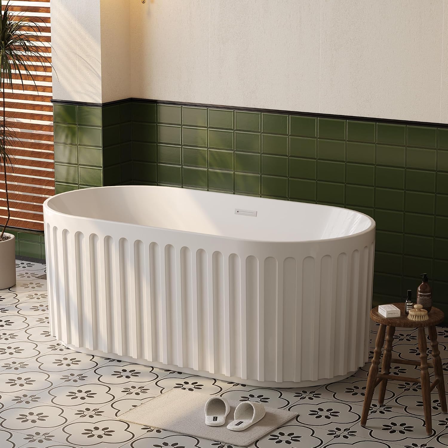 59 Inch Freestanding Soaking Bathtub, Contemporary Acrylic Pleated Tub, White Stand Alone Bath with Chrome Overflow and Drain, Easy Install for Modern Bathroom Renovation