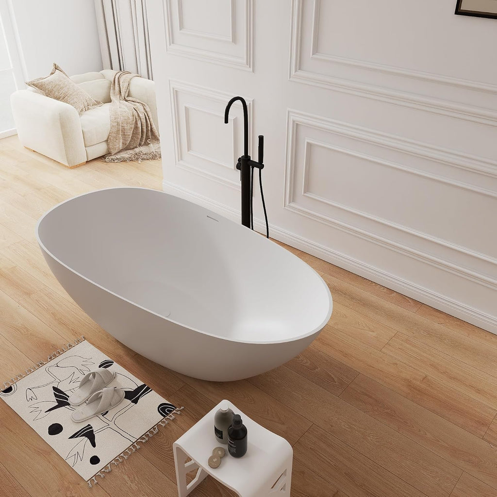 67' Upgraded Solid Surface Freestanding Bathtub,Oval Shape Stone Resin Soaking Tubs with Pop-up Drain and Overflow, Matte White