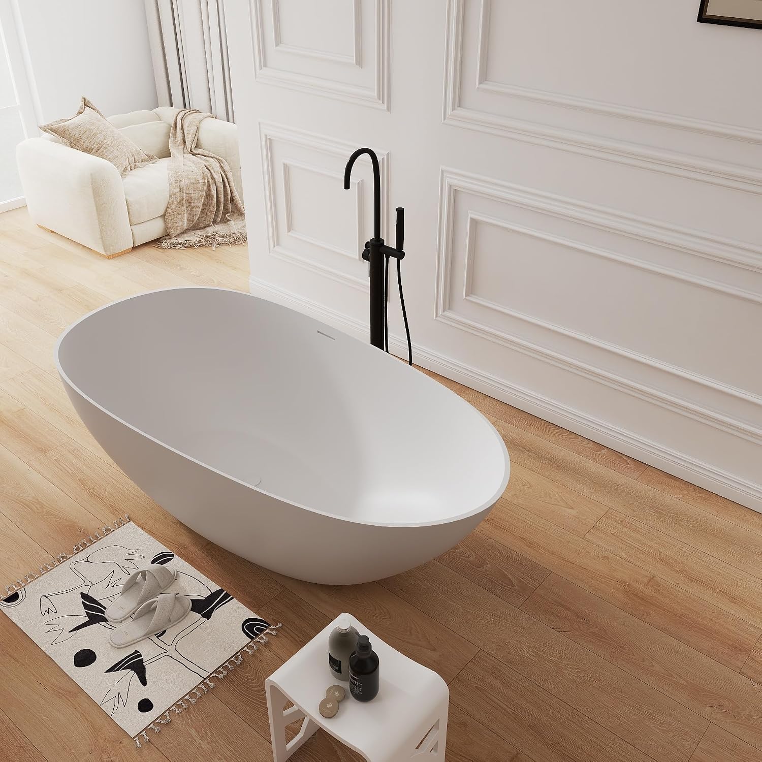 67' Upgraded Solid Surface Freestanding Bathtub,Oval Shape Stone Resin Soaking Tubs with Pop-up Drain and Overflow, Matte White