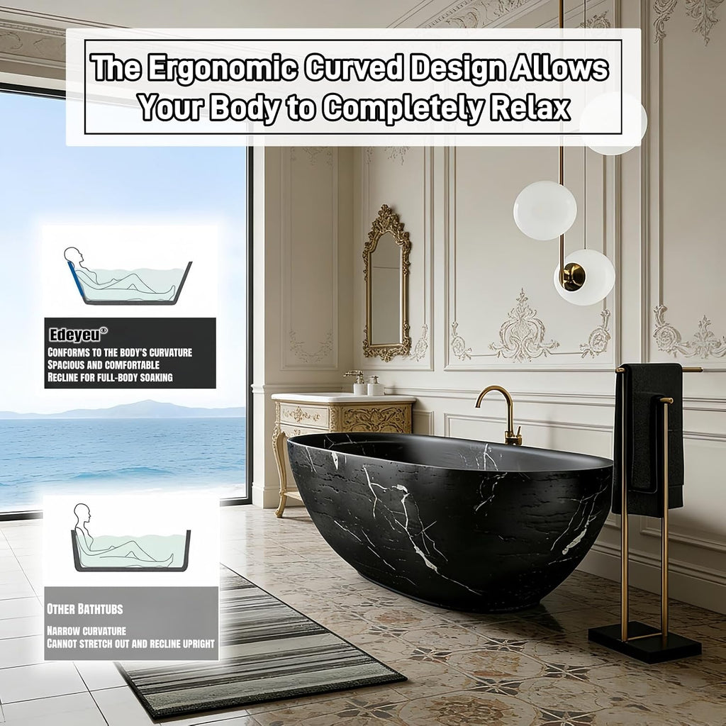 59' Edeyeu Freestanding Bathtub - Solid Surface Soaking Tub with Black & White Marble Design, Luxury Free Standing Tub for Spa, Home, and Villa Bathrooms, Black