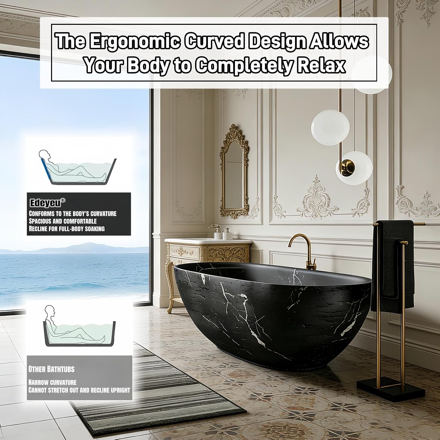 59' Edeyeu Freestanding Bathtub - Solid Surface Soaking Tub with Black & White Marble Design, Luxury Free Standing Tub for Spa, Home, and Villa Bathrooms, Black