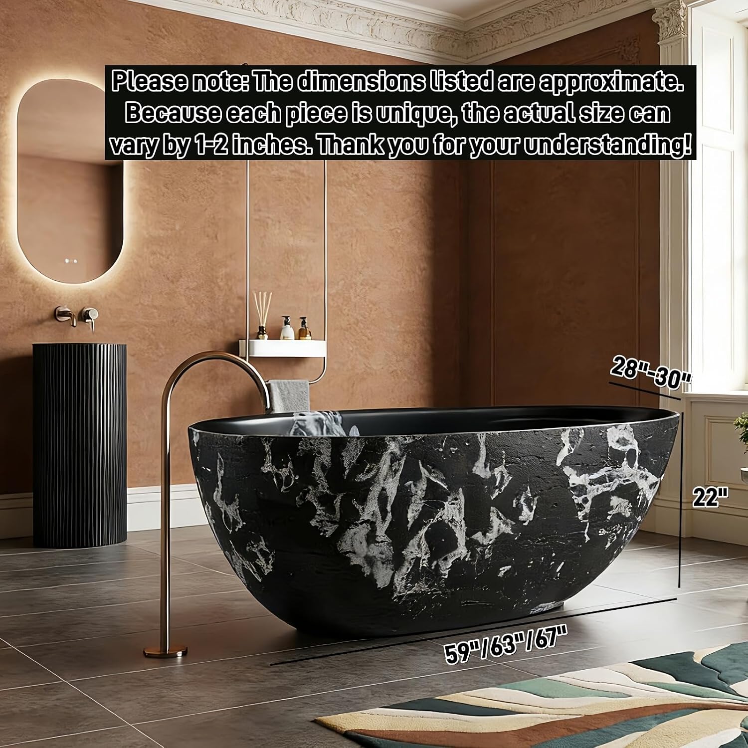 59' Edeyeu Freestanding Bathtub - Solid Surface Soaking Tub With Natural Rock Texture Design, Extra Deep Stand Alone Tub, Ergonomic Free Standing Spa Bath For Luxury Hotel Or Villa, Black