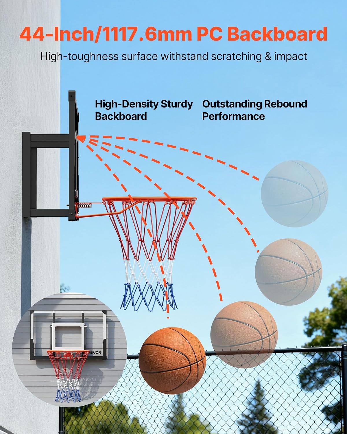 VEVOR Basketball Hoop, 44 54 Inchs PC Backboard Wall Mounted, Basketball Portable Hoop & Goal, Indoor & Outdoor with Hand-Crank Adjustment, Classic Basketball Court, Teens, Adults, Schools, Parks