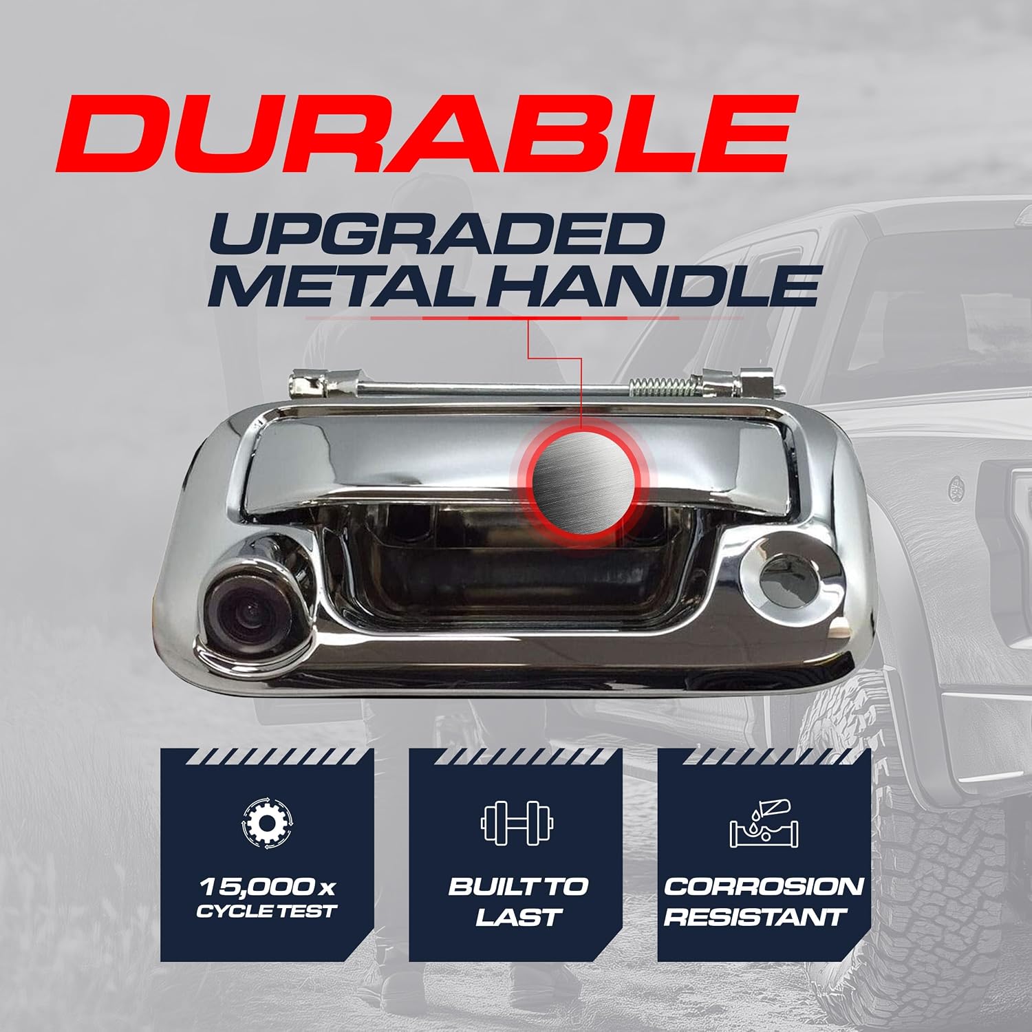 Master Tailgaters Chrome Metal Tailgate Handle with Backup Camera Replacement for Ford F150 F250 F350 F450 F550 (2005-2016) | IP68 Waterproof | Parking Grid Lines Available | Easy to Install