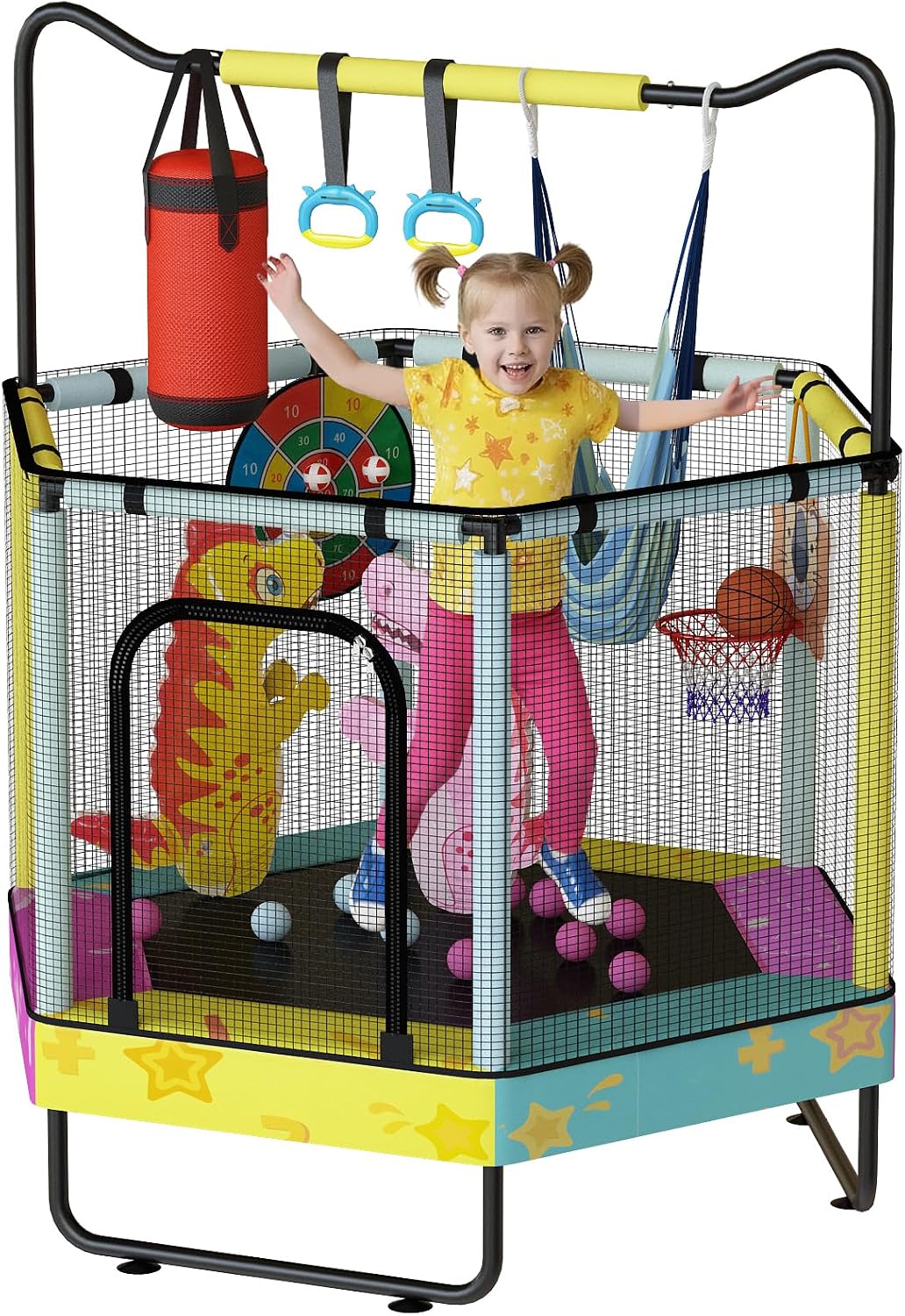 Lamerge Kids Trampoline, Indoor Trampoline Approved by ASTM, Safety Enclosure Net and Adjustable Handrail, 1-8 Children, 500lbs Capacity, 7-in-1, 60'