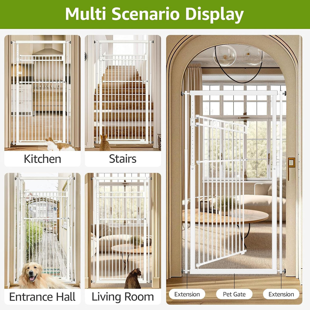 78.8' Extra Tall Cat Gate, 28.3-33' Wide Safety Metal Cat Door, Pressure Mounted Easy Walk Through Pet Gate with Door for Stairs, Doorways (White)