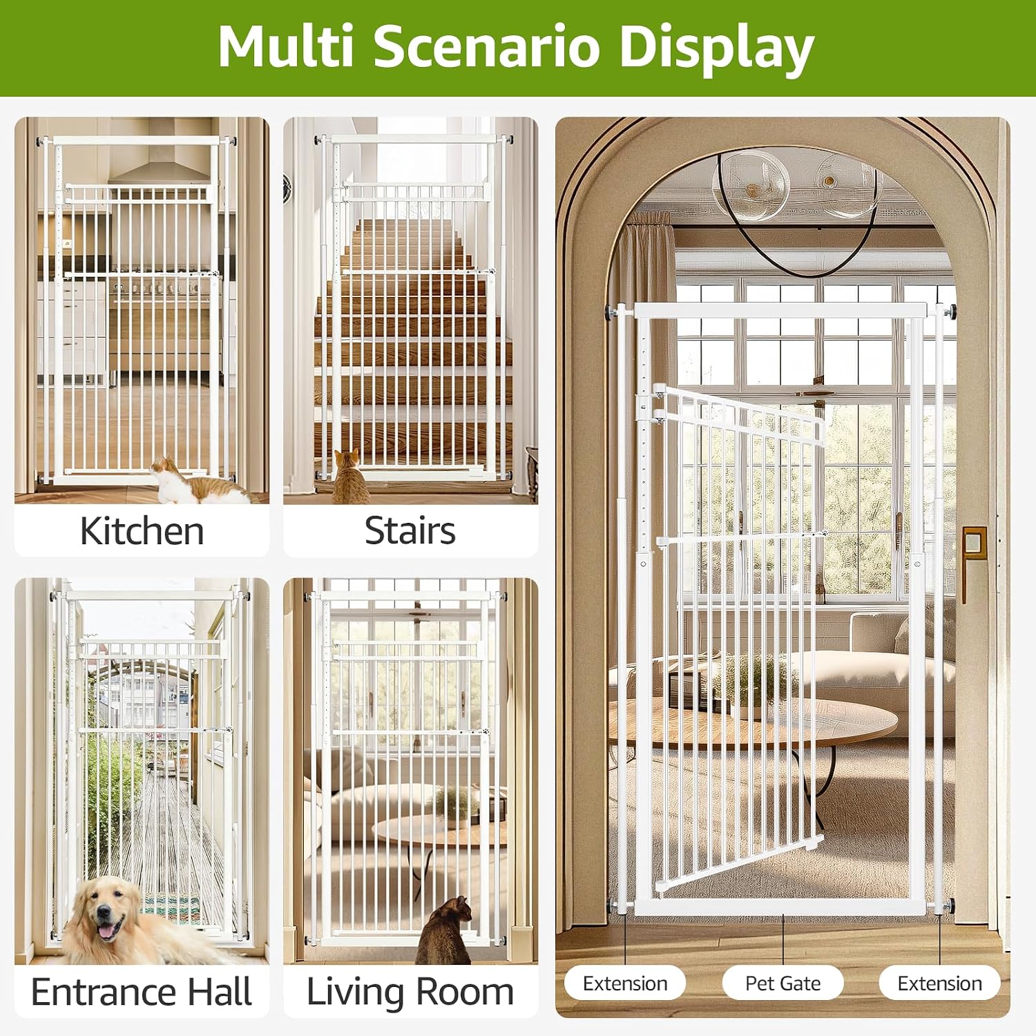 78.8' Extra Tall Cat Gate, 28.3-33' Wide Safety Metal Cat Door, Pressure Mounted Easy Walk Through Pet Gate with Door for Stairs, Doorways (White)