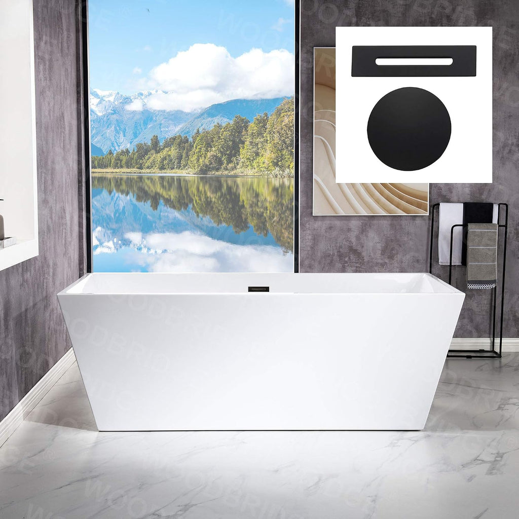 WOODBRIDGE 67' Acrylic Freestanding Bathtub Contemporary Soaking White Tub with Matte Black Overflow and Drain，BTA1512-MB-Drain&O