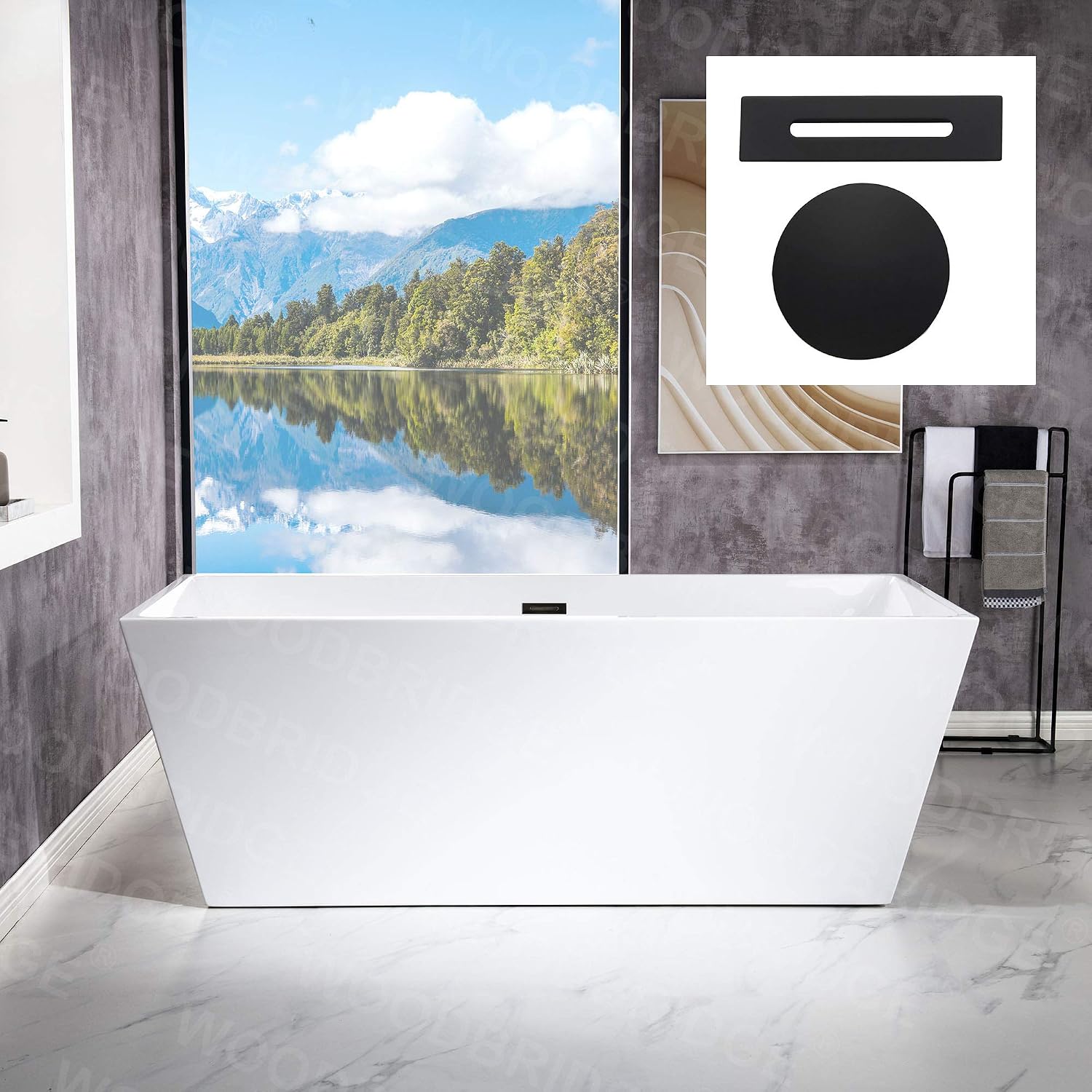 WOODBRIDGE 67' Acrylic Freestanding Bathtub Contemporary Soaking White Tub with Matte Black Overflow and Drain，BTA1512-MB-Drain&O